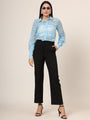 Women'S Premium Organza Blue And White Long Length Curved Hem Digital Print Shirt