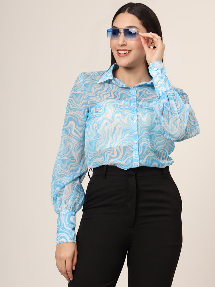 Women'S Premium Organza Blue And White Long Length Curved Hem Digital Print Shirt