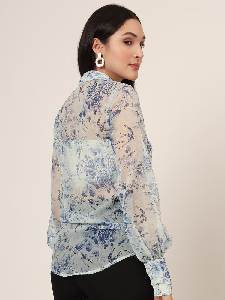 Women'S Premium Chiffon Blue And White Long Length Curved Hem Digital Print Shirt
