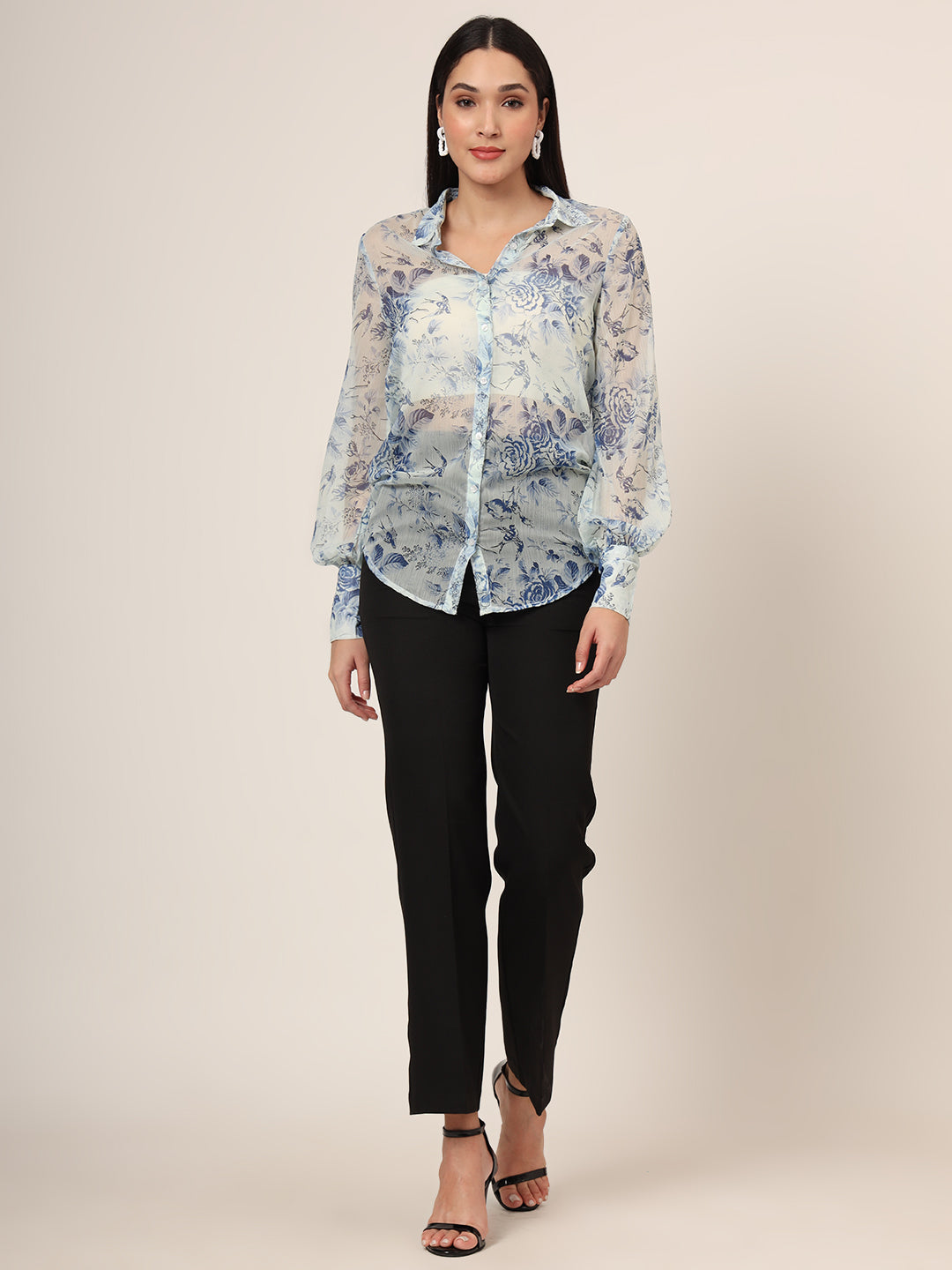 Women'S Premium Chiffon Blue And White Long Length Curved Hem Digital Print Shirt