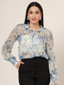Women'S Premium Chiffon Blue And White Long Length Curved Hem Digital Print Shirt
