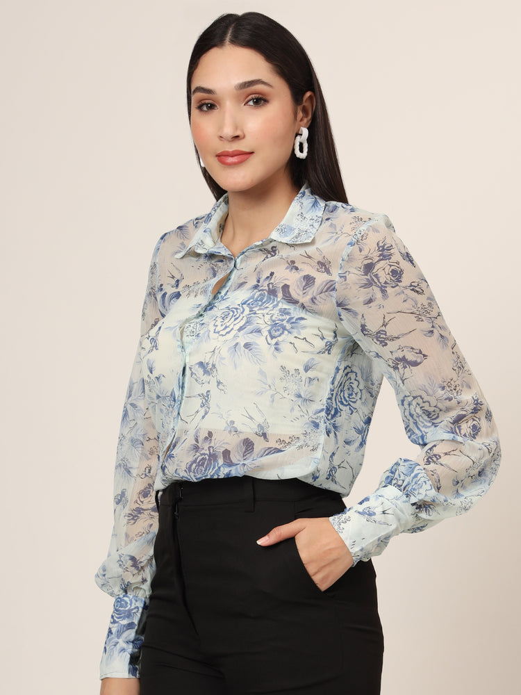 Women'S Premium Chiffon Blue And White Long Length Curved Hem Digital Print Shirt