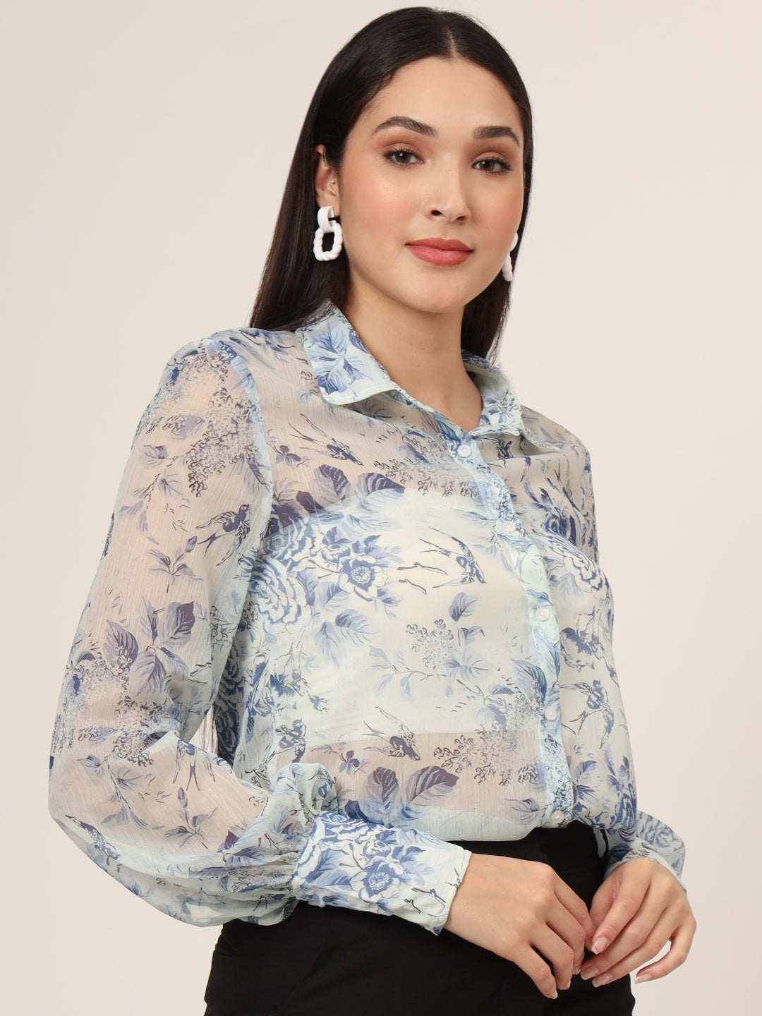 Women'S Premium Chiffon Blue And White Long Length Curved Hem Digital Print Shirt