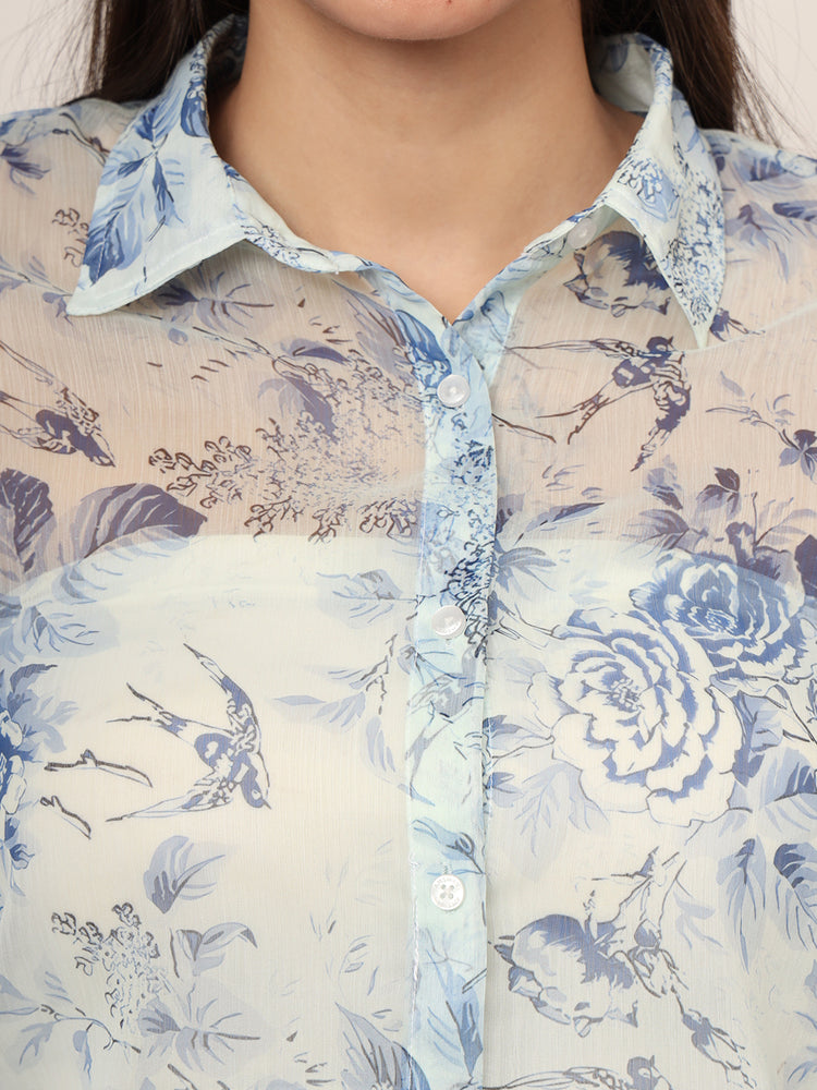 Women'S Premium Chiffon Blue And White Long Length Curved Hem Digital Print Shirt