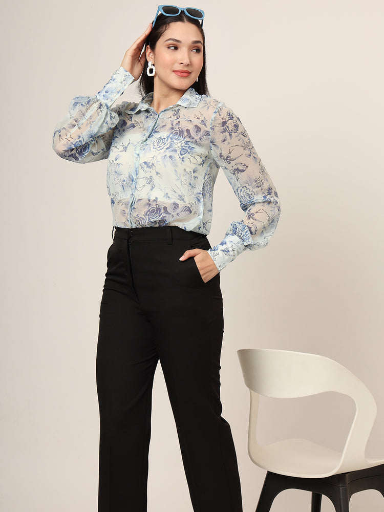 Women'S Premium Chiffon Blue And White Long Length Curved Hem Digital Print Shirt