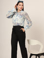 Women'S Premium Chiffon Blue And White Long Length Curved Hem Digital Print Shirt