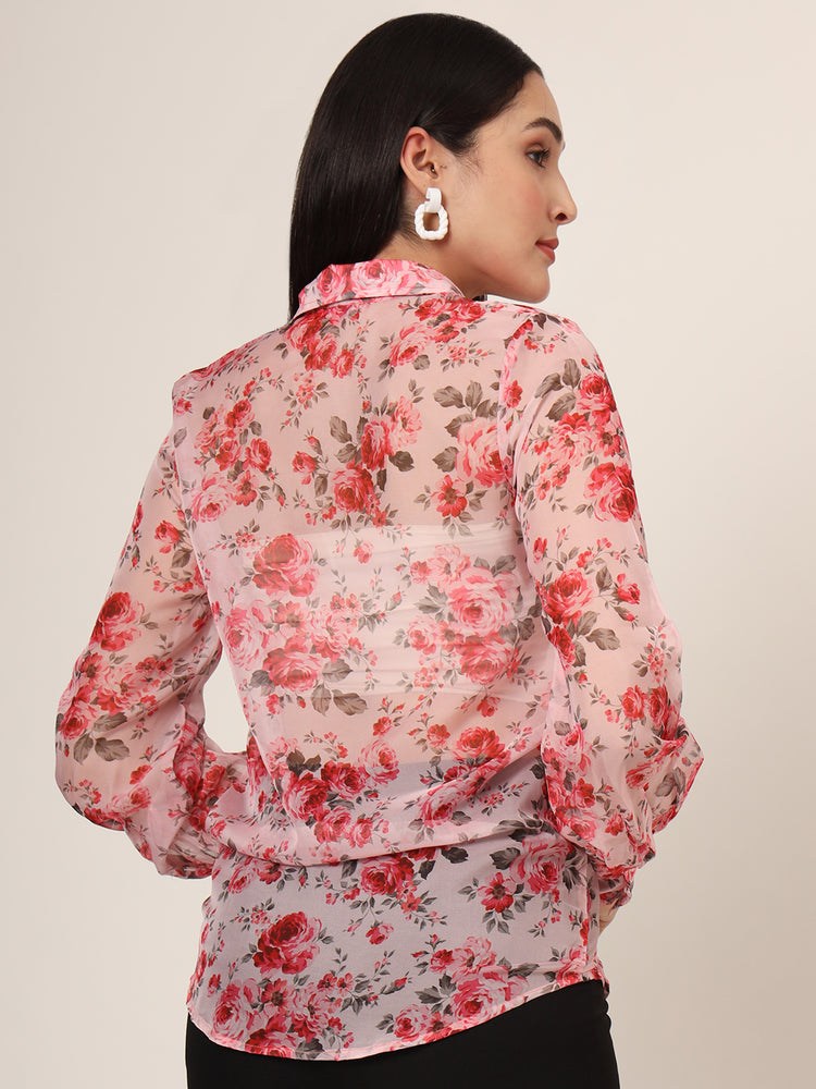 Women'S Premium Organza Pink And Green Long Length Curved Hem Digital Print Shirt