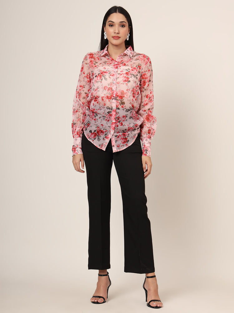 Women'S Premium Organza Pink And Green Long Length Curved Hem Digital Print Shirt