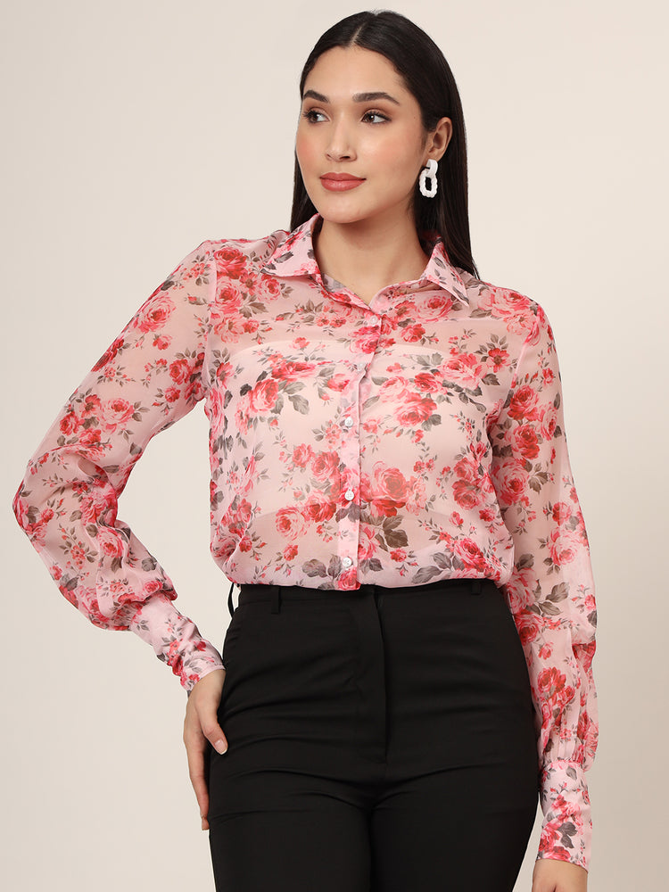 Women'S Premium Organza Pink And Green Long Length Curved Hem Digital Print Shirt
