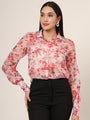 Women'S Premium Organza Pink And Green Long Length Curved Hem Digital Print Shirt