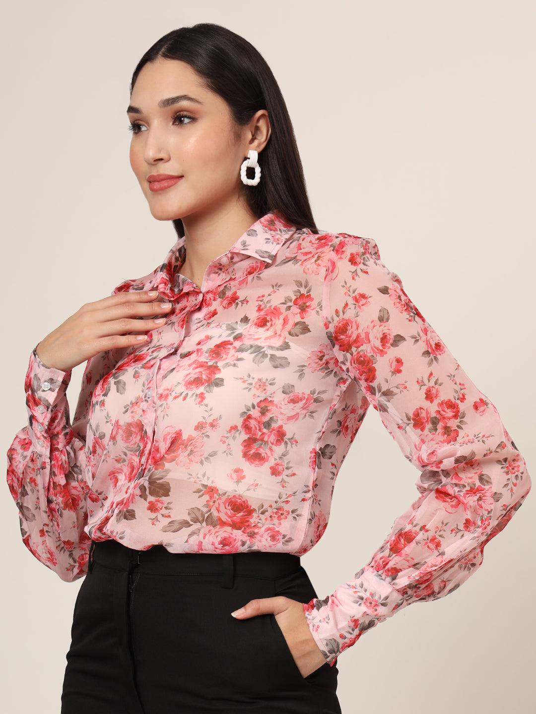 Women'S Premium Organza Pink And Green Long Length Curved Hem Digital Print Shirt