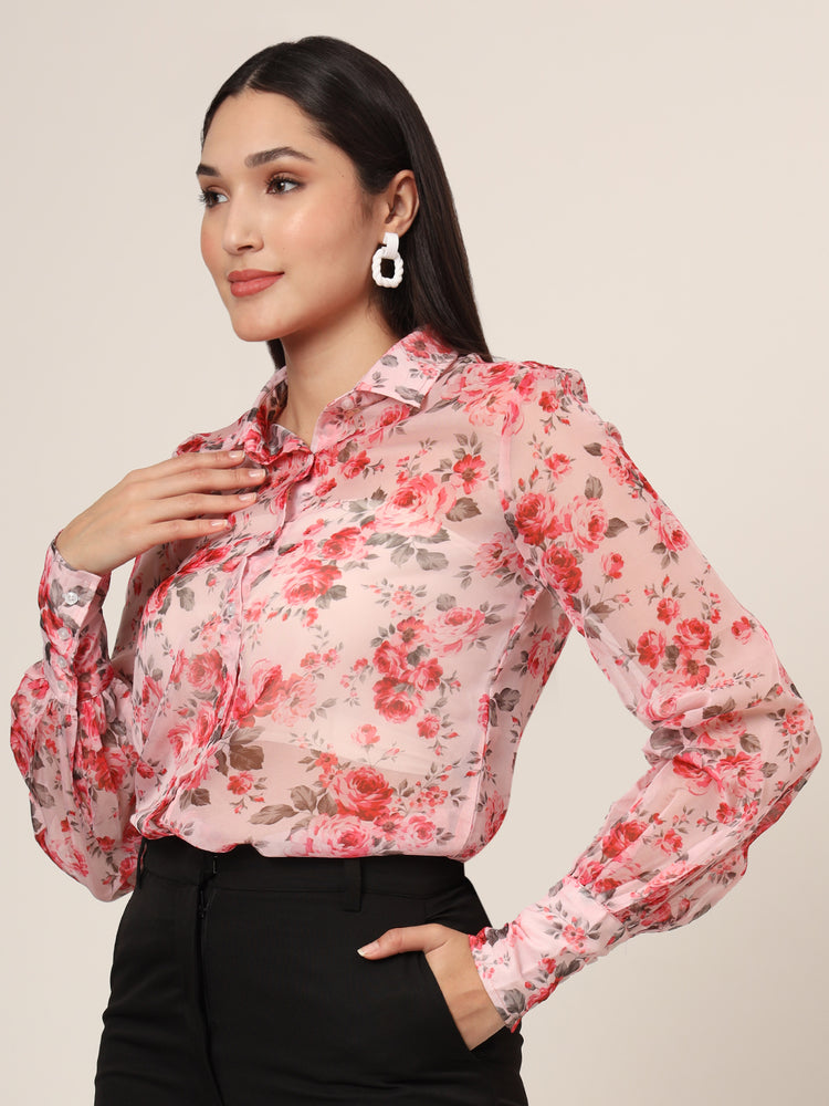 Women'S Premium Organza Pink And Green Long Length Curved Hem Digital Print Shirt