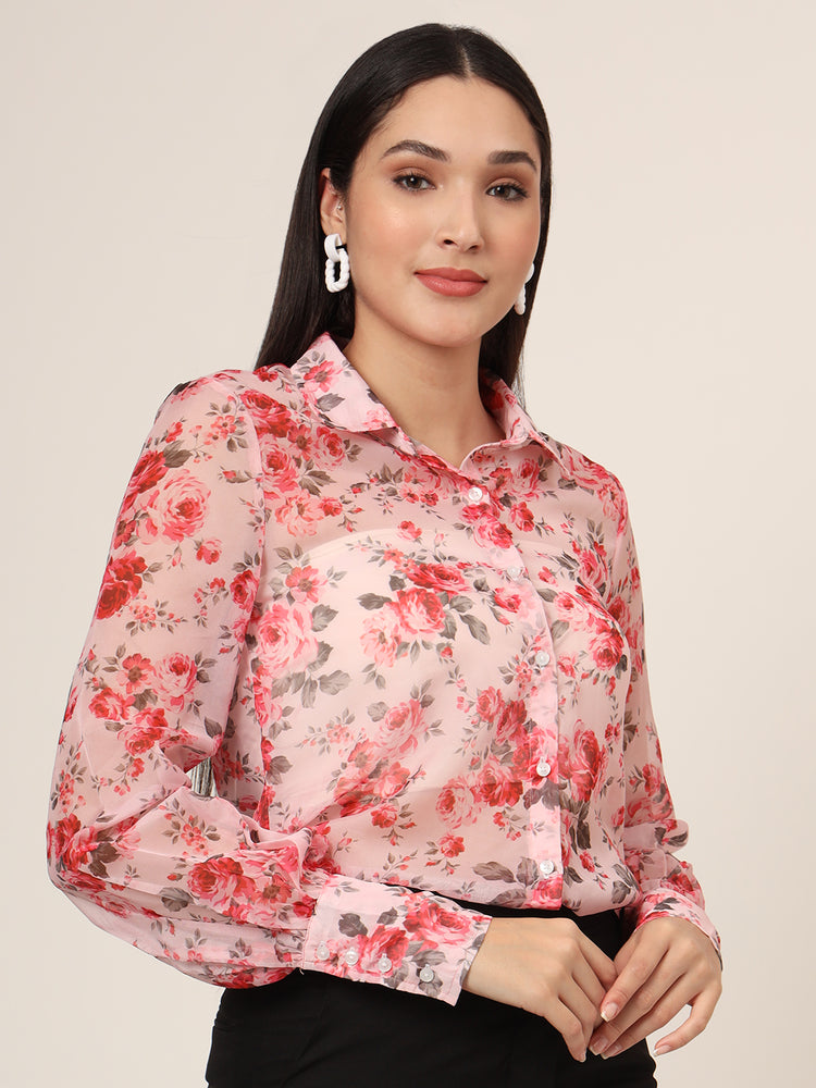 Women'S Premium Organza Pink And Green Long Length Curved Hem Digital Print Shirt