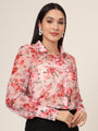 Women'S Premium Organza Pink And Green Long Length Curved Hem Digital Print Shirt