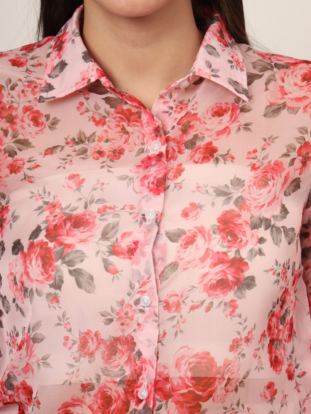 Women'S Premium Organza Pink And Green Long Length Curved Hem Digital Print Shirt