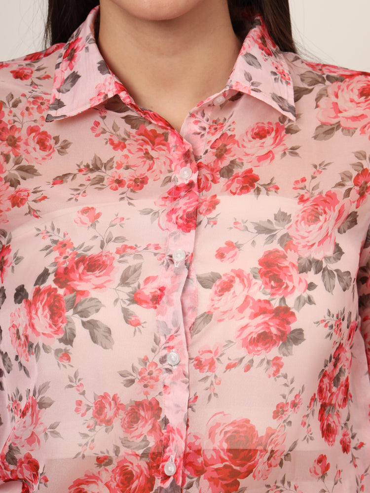 Women'S Premium Organza Pink And Green Long Length Curved Hem Digital Print Shirt