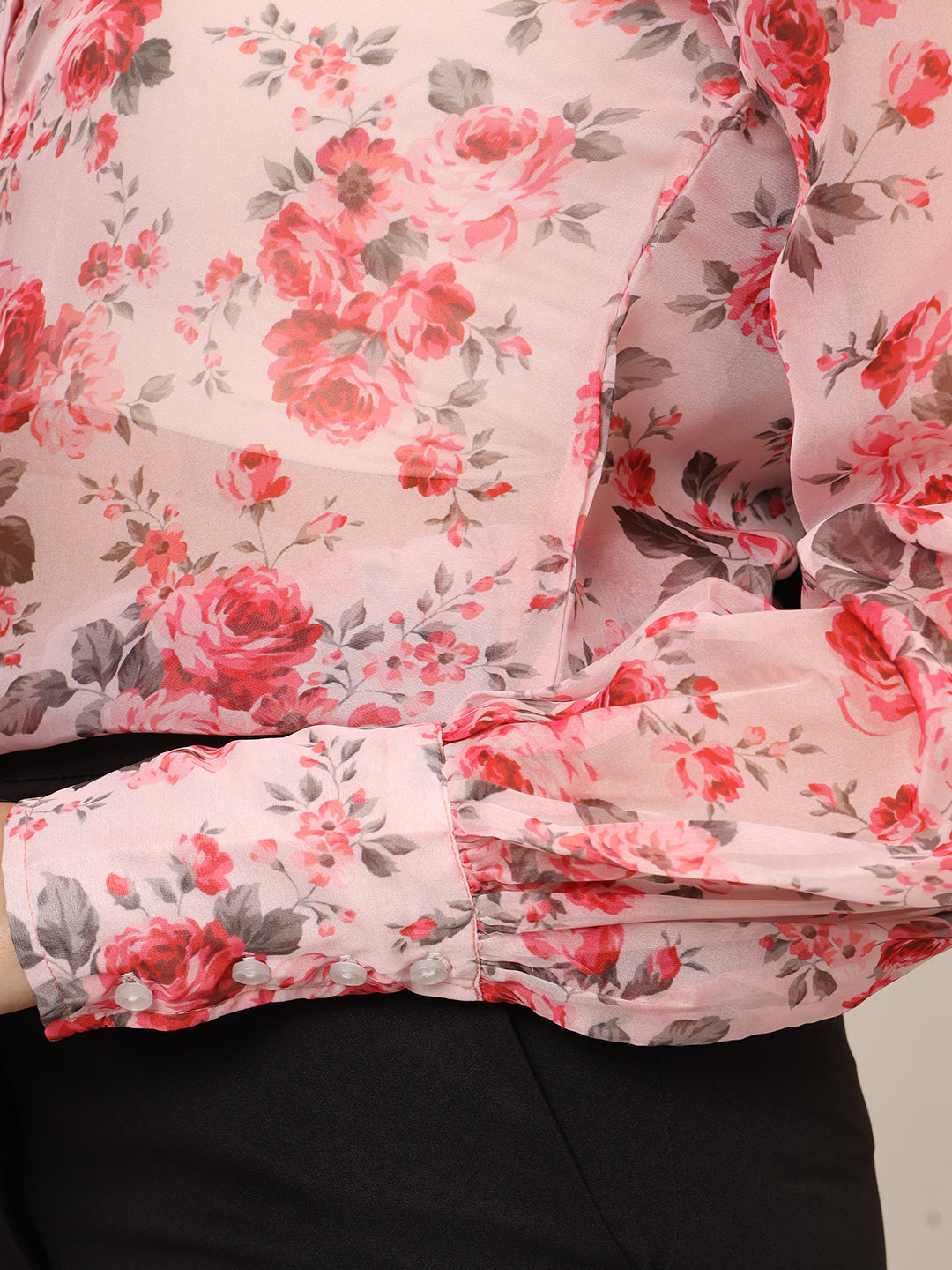Women'S Premium Organza Pink And Green Long Length Curved Hem Digital Print Shirt