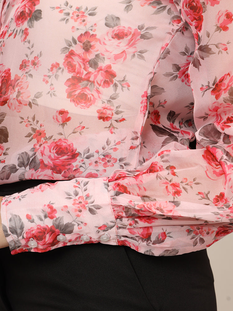 Women'S Premium Organza Pink And Green Long Length Curved Hem Digital Print Shirt