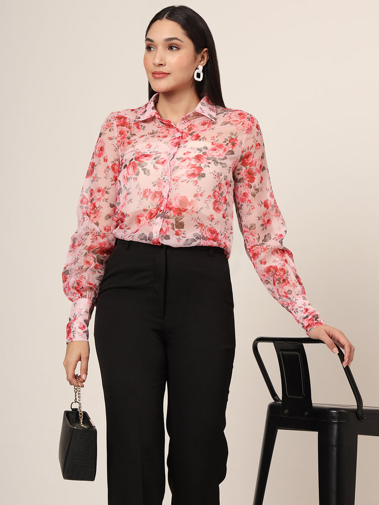 Women'S Premium Organza Pink And Green Long Length Curved Hem Digital Print Shirt