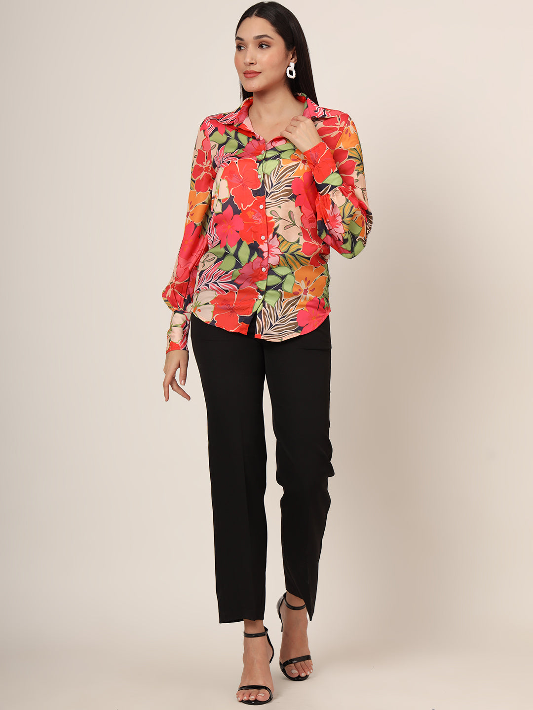 Women'S Luxury Satin Multicolour Long Length Curved Hem Digital Print Shirt