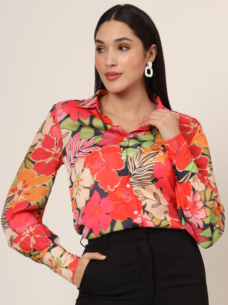 Women'S Luxury Satin Multicolour Long Length Curved Hem Digital Print Shirt