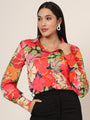 Women'S Luxury Satin Multicolour Long Length Curved Hem Digital Print Shirt