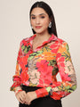 Women'S Luxury Satin Multicolour Long Length Curved Hem Digital Print Shirt