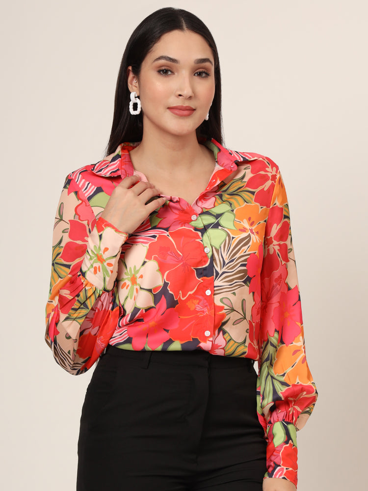 Women'S Luxury Satin Multicolour Long Length Curved Hem Digital Print Shirt