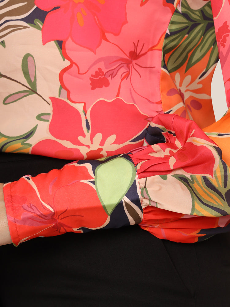 Women'S Luxury Satin Multicolour Long Length Curved Hem Digital Print Shirt