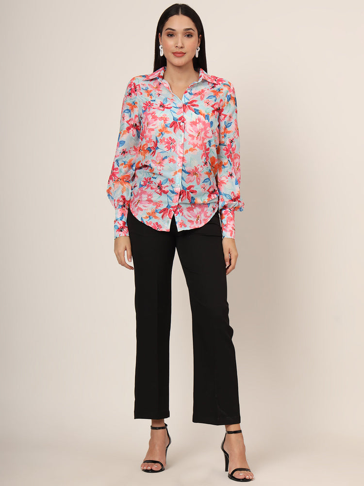 Women'S Premium Muslin Multicolour Long Length Curved Hem Digital Print Shirt