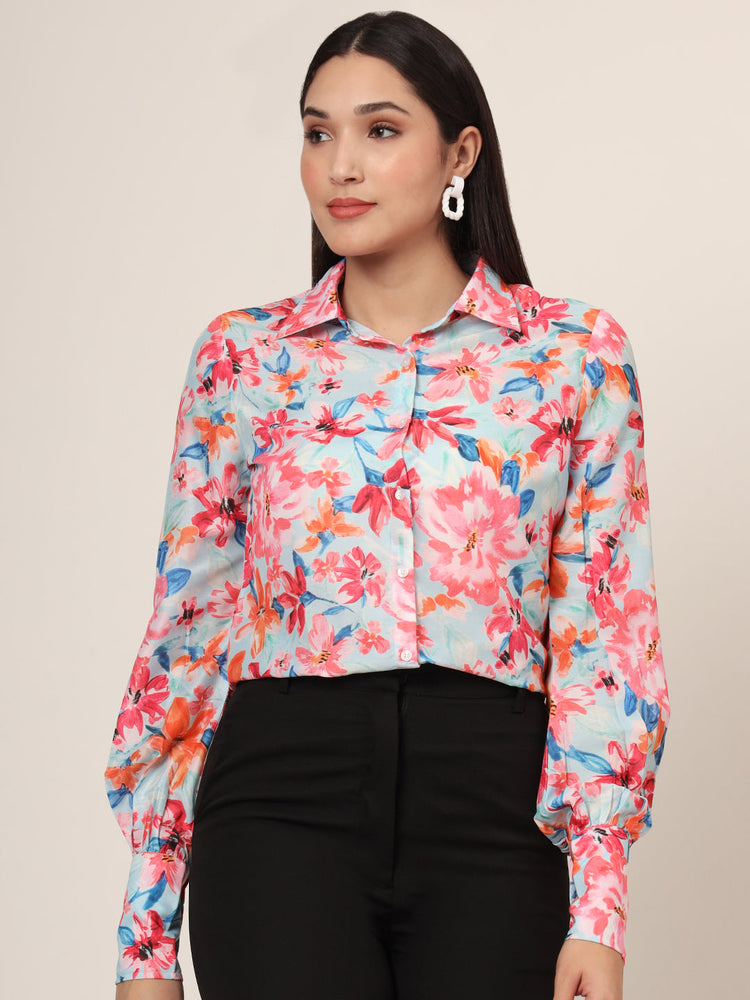 Women'S Premium Muslin Multicolour Long Length Curved Hem Digital Print Shirt