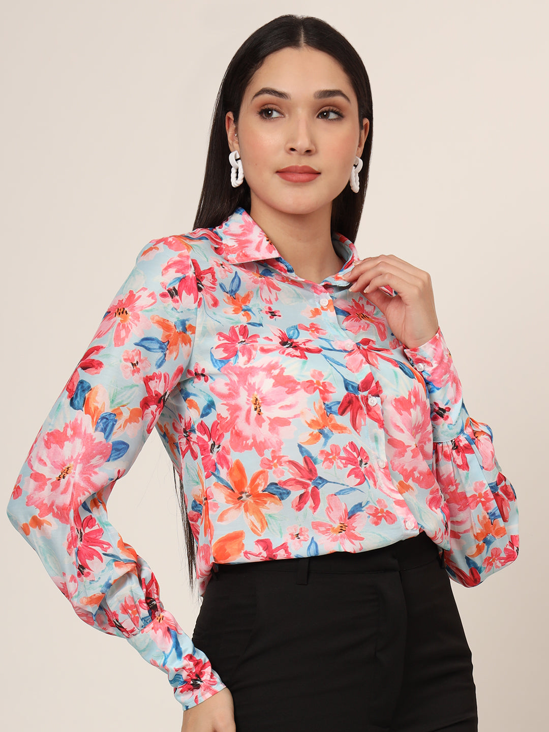 Women'S Premium Muslin Multicolour Long Length Curved Hem Digital Print Shirt