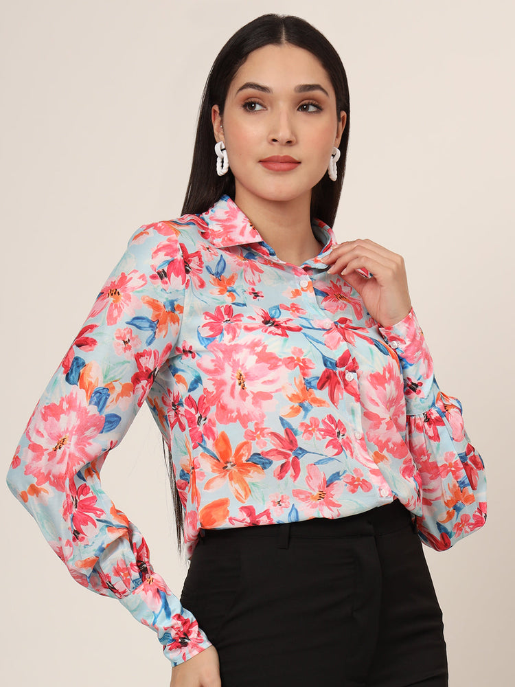 Women'S Premium Muslin Multicolour Long Length Curved Hem Digital Print Shirt