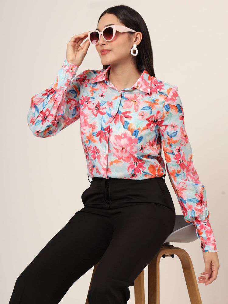 Women'S Premium Muslin Multicolour Long Length Curved Hem Digital Print Shirt