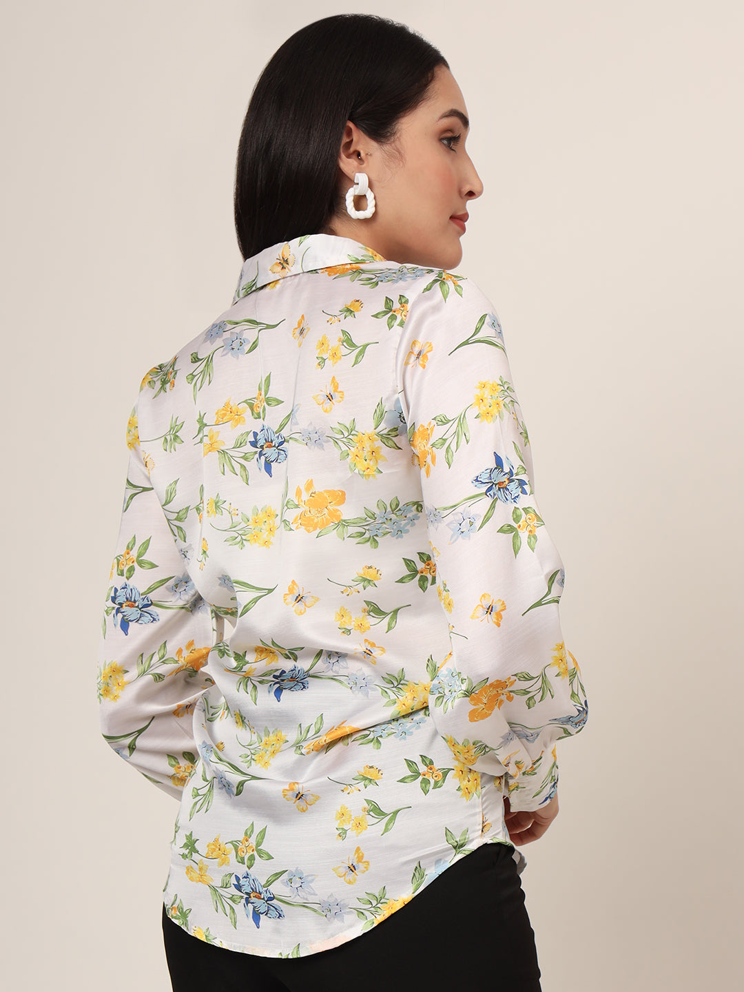 Women'S Luxury Linen Satin Multicolour Long Length Curved Hem Digital Print Shirt
