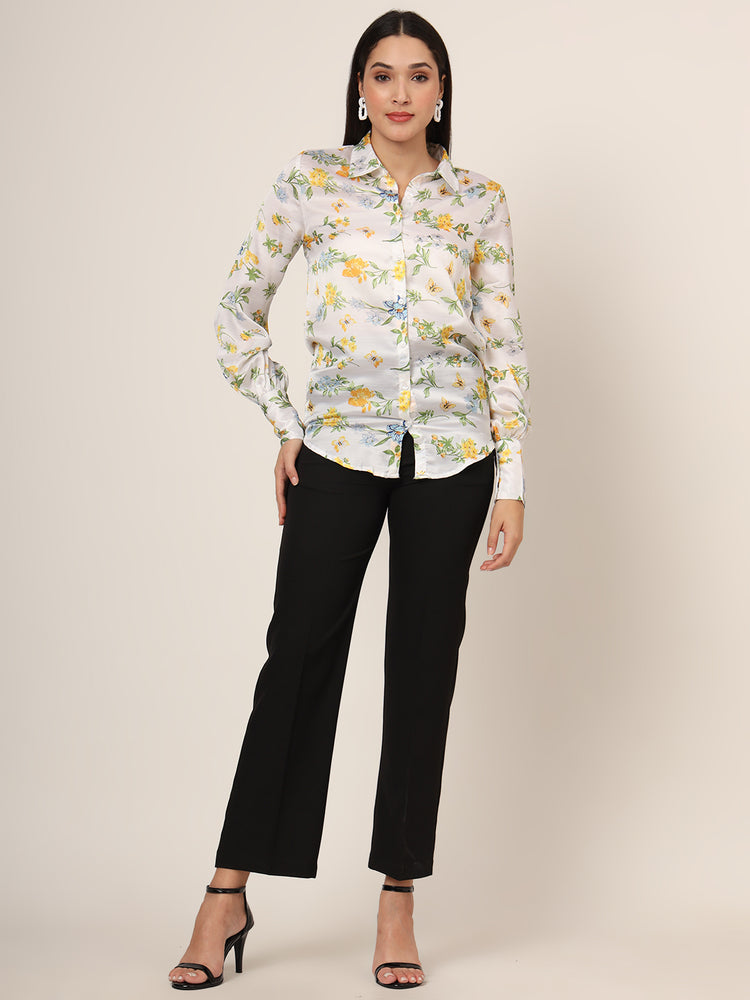 Women'S Luxury Linen Satin Multicolour Long Length Curved Hem Digital Print Shirt