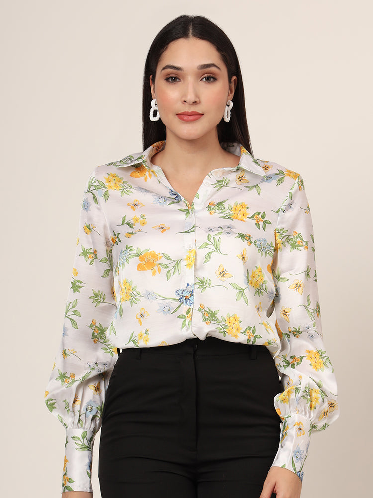 Women'S Luxury Linen Satin Multicolour Long Length Curved Hem Digital Print Shirt