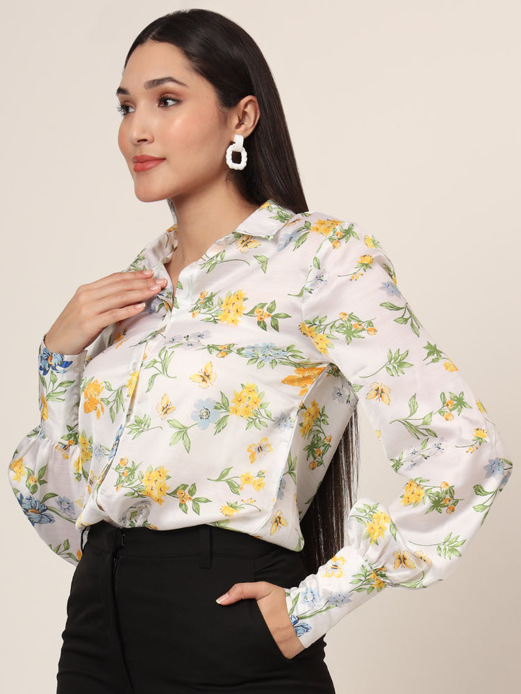 Women'S Luxury Linen Satin Multicolour Long Length Curved Hem Digital Print Shirt