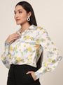 Women'S Luxury Linen Satin Multicolour Long Length Curved Hem Digital Print Shirt