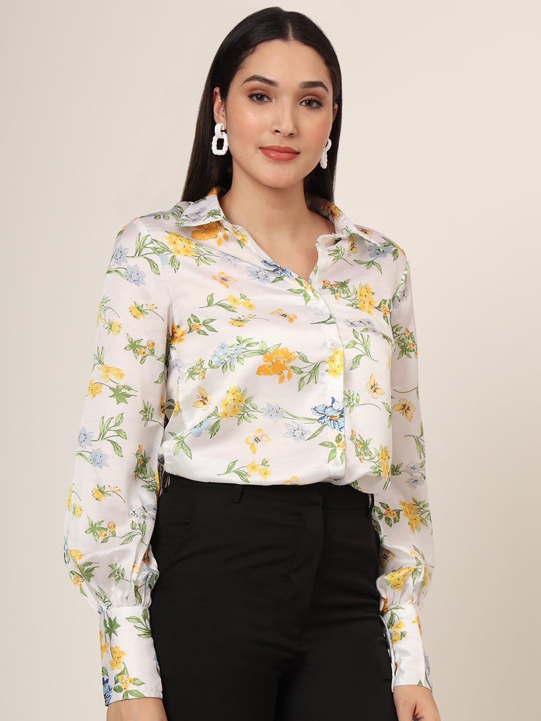 Women'S Luxury Linen Satin Multicolour Long Length Curved Hem Digital Print Shirt