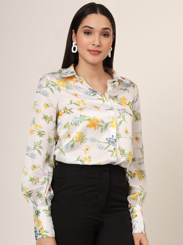 Women'S Luxury Linen Satin Multicolour Long Length Curved Hem Digital Print Shirt
