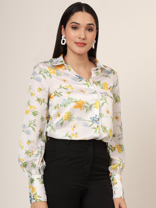 Women'S Luxury Linen Satin Multicolour Long Length Curved Hem Digital Print Shirt