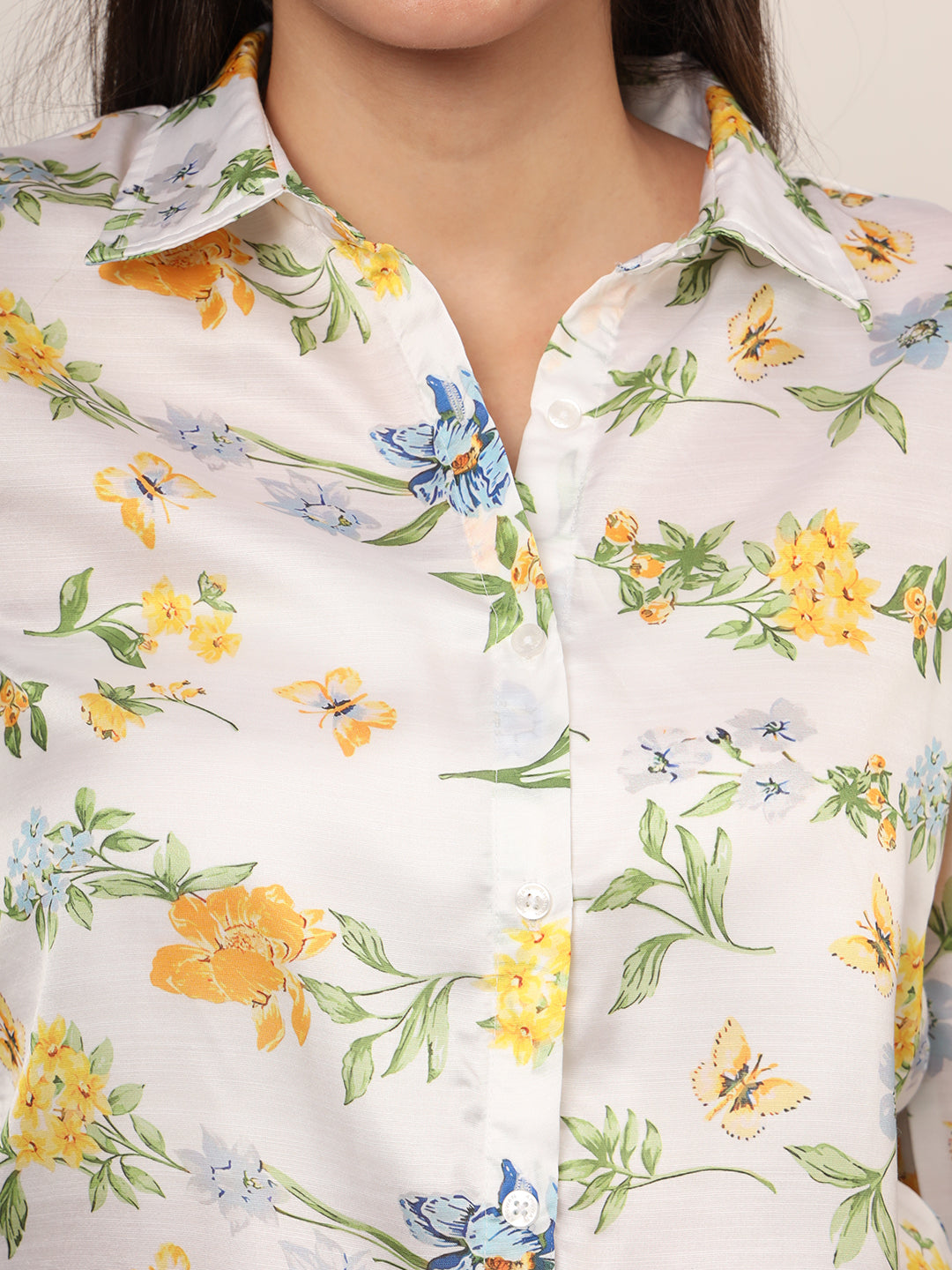 Women'S Luxury Linen Satin Multicolour Long Length Curved Hem Digital Print Shirt
