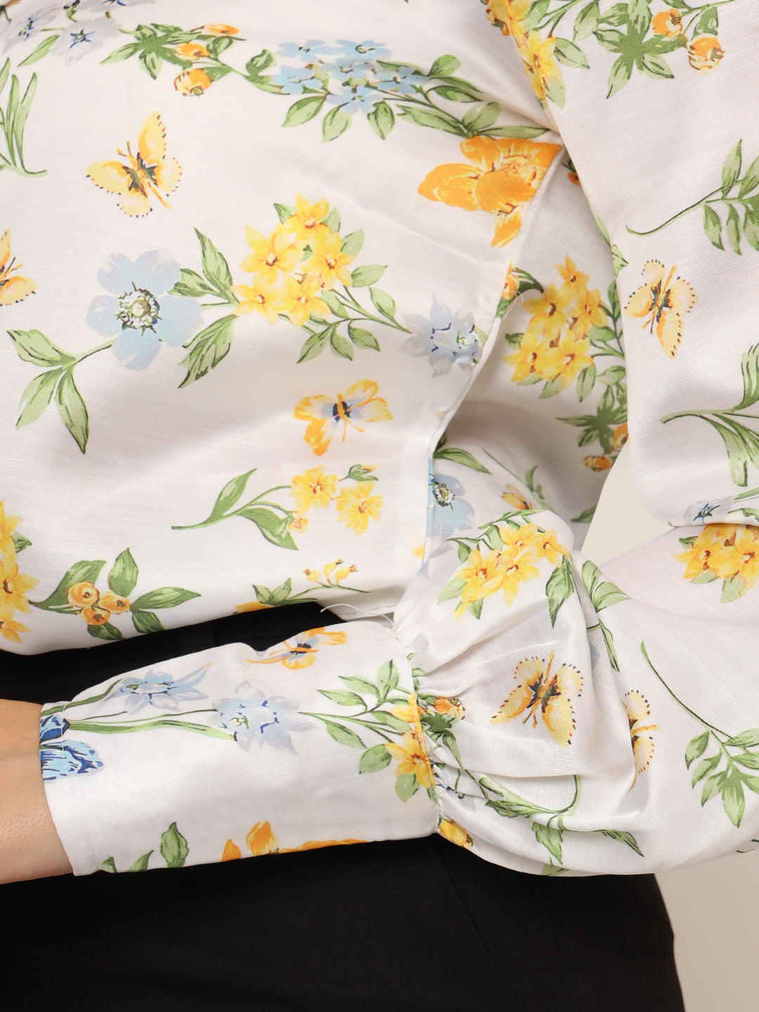 Women'S Luxury Linen Satin Multicolour Long Length Curved Hem Digital Print Shirt