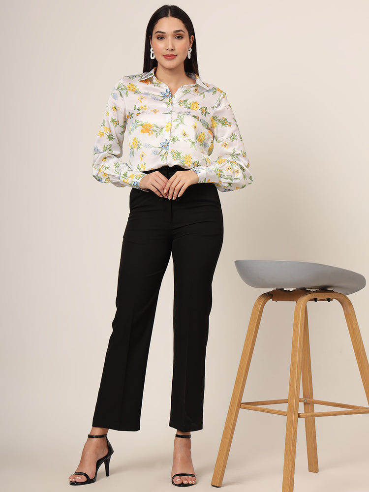 Women'S Luxury Linen Satin Multicolour Long Length Curved Hem Digital Print Shirt