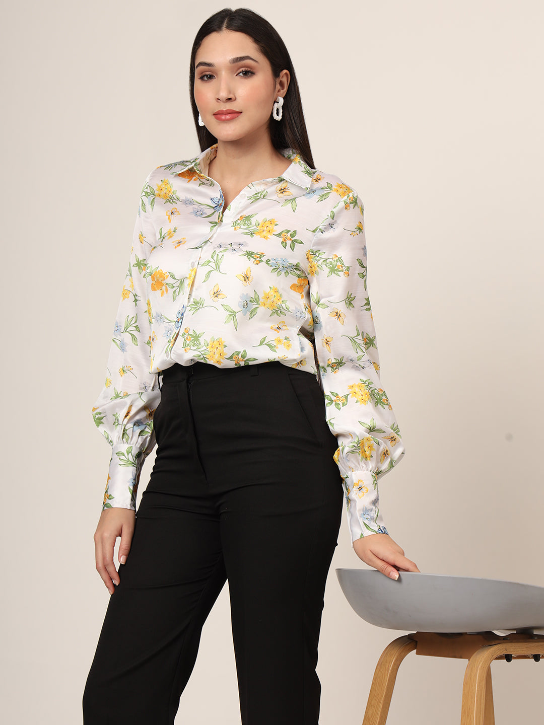 Women'S Luxury Linen Satin Multicolour Long Length Curved Hem Digital Print Shirt