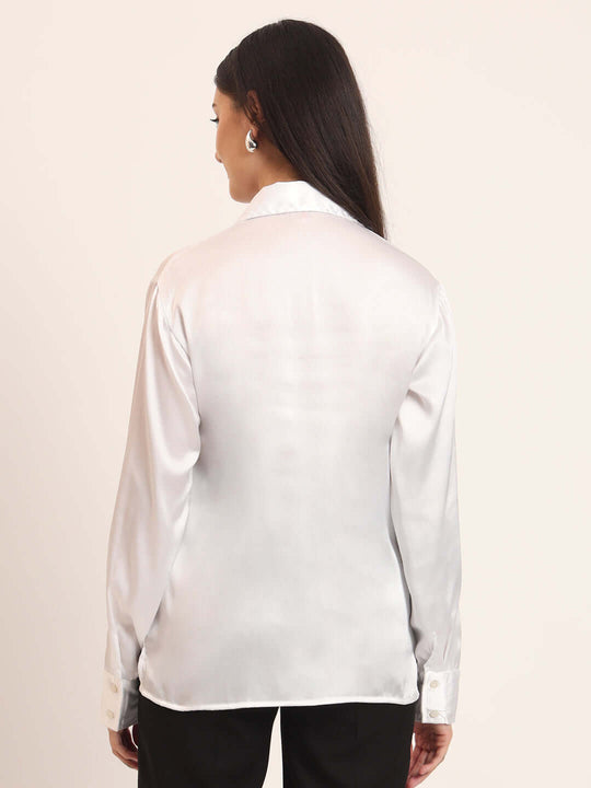 Women'S Premium White Regular Fit Solid Satin Shirt