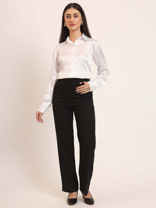 Women'S Premium White Regular Fit Solid Satin Shirt