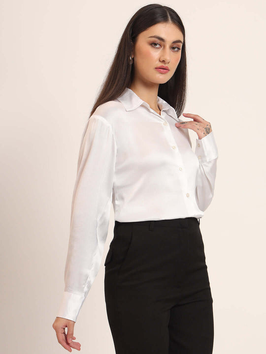 Women'S Premium White Regular Fit Solid Satin Shirt