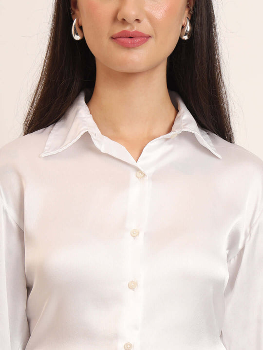 Women'S Premium White Regular Fit Solid Satin Shirt